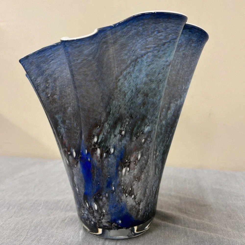 Alicja Handkerchief Blue Art Glass Vase Hand Made In Poland 8”T 7”W FS Charity